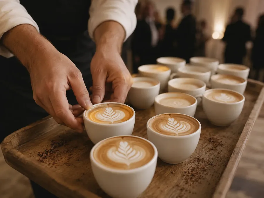 Barista stellt einen Cappuccino mit Rosetta auf ein Tablett voller fertiger Tassen bei einem Catering-Einsatz