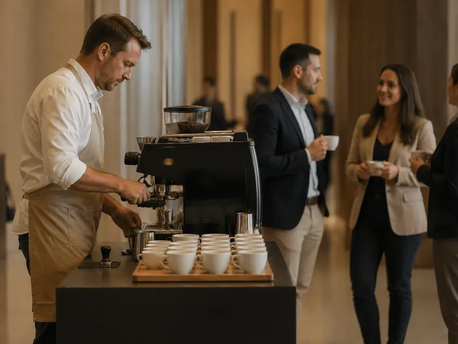 Barista des Goldcup Baristateams an der mobilen Kaffeebar bei einem Firmenevent, Gäste mit Tassen im Hintergrund