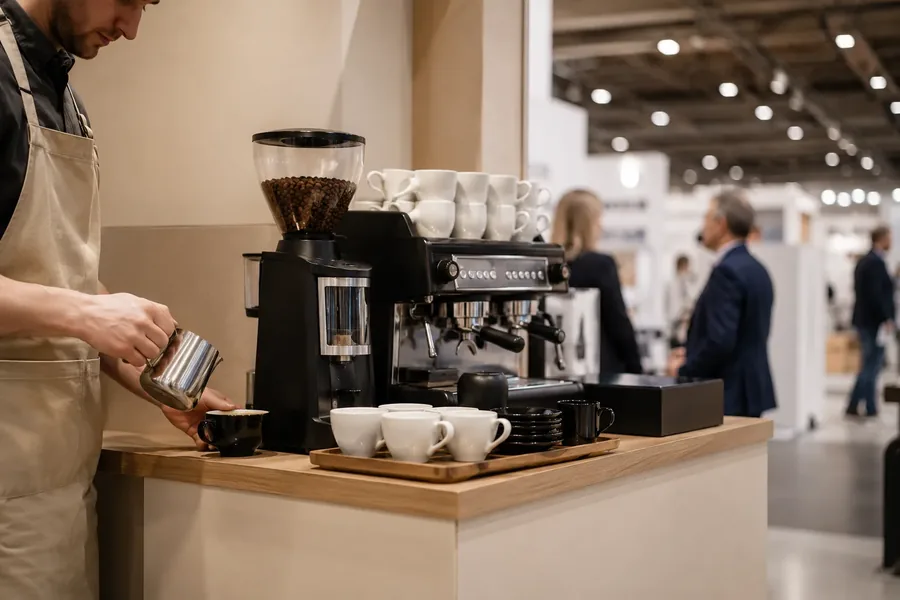 Kompakter Barista-Aufbau mit Espressomaschine, Mühle und Tassen auf einem Messestand, Messehalle im Hintergrund