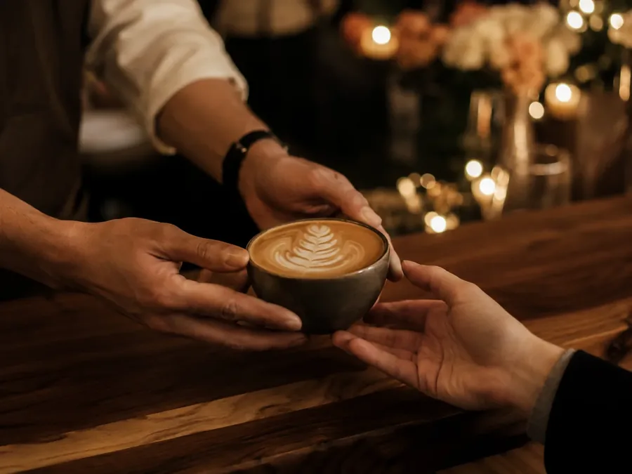 Cappuccino mit Rosetta wird bei einer abendlichen Feier über einen Holztresen gereicht, Kerzenlicht im Hintergrund