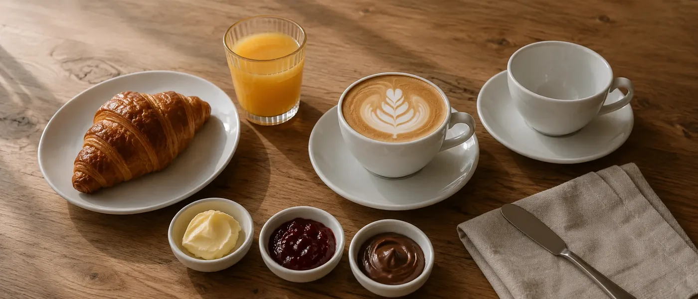 Wiener Frühstück von Cafe Latte Art: Croissant, Butter, Marmelade, Nutella, Orangensaft und ein Latte mit Rosetta auf einem Holztisch