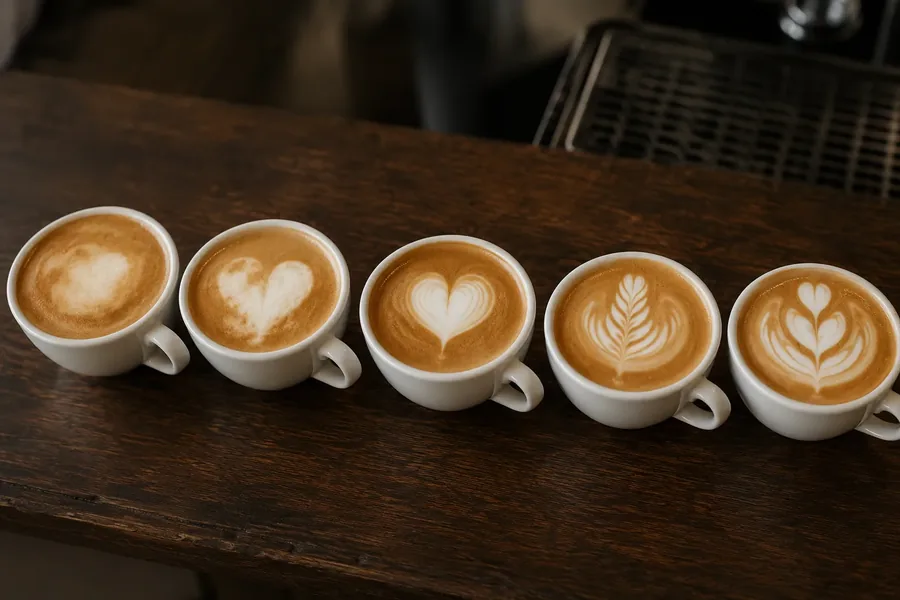 Fünf Tassen nebeneinander mit Latte-Art-Versuchen vom formlosen Fleck über Herz und Rosetta bis zur Tulpe