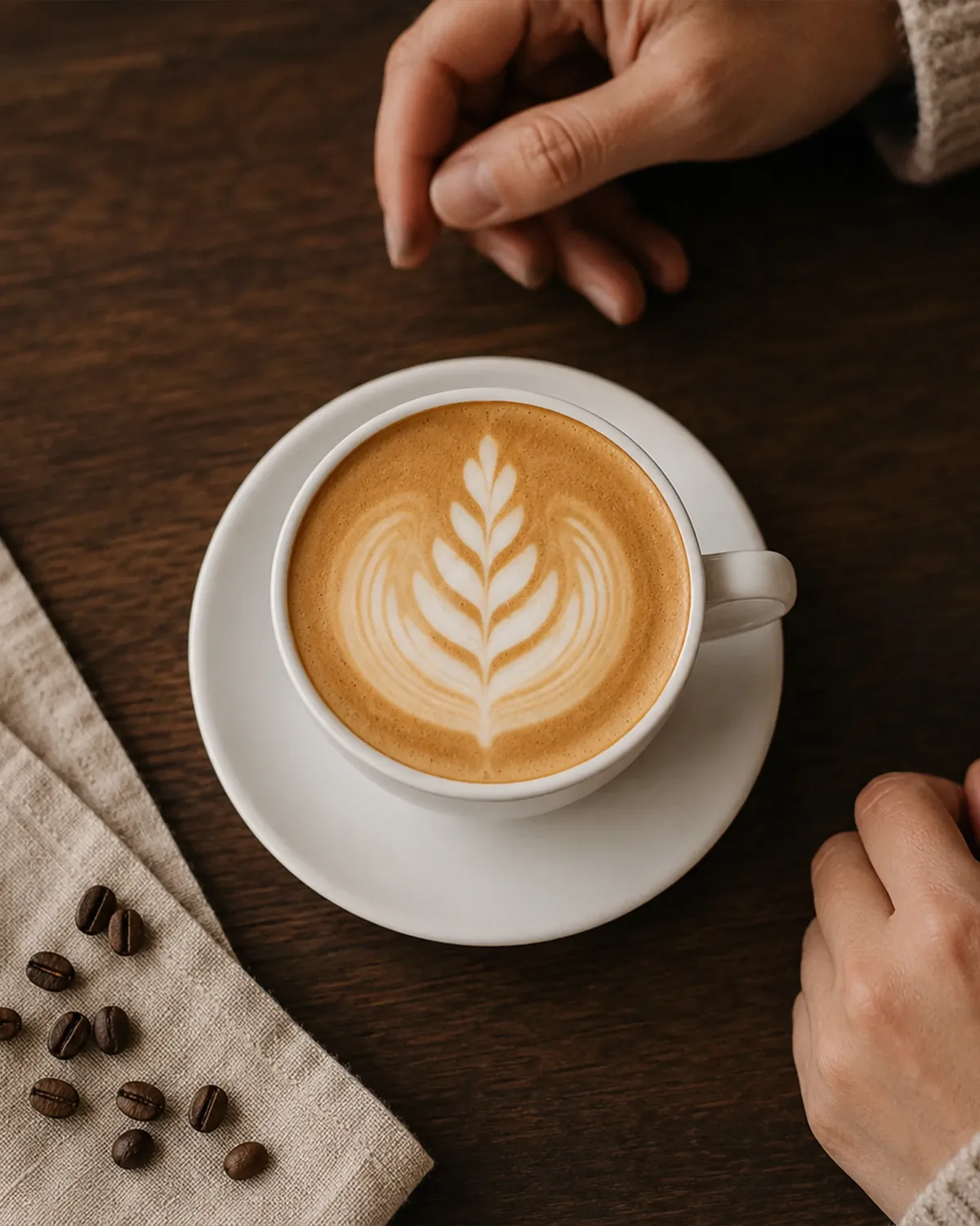 Fertiger Cappuccino mit Rosetta von oben, Hände und Kaffeebohnen auf dunklem Holztisch