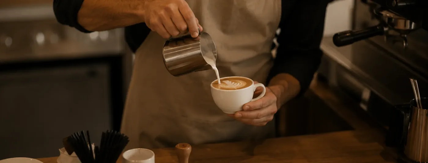 Barista von Cafe Latte Art gie&szlig;t Milch in eine Tasse, die Rosetta entsteht