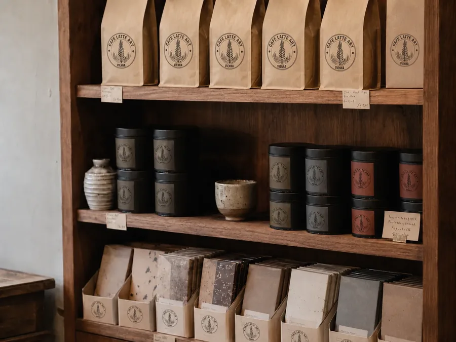 Holzregal mit Kaffeepackungen und Bio-Trinkschokoladen von Cafe Latte Art